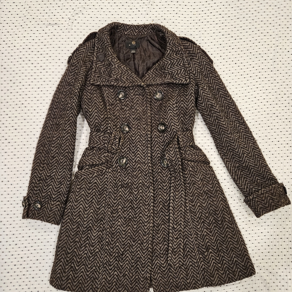 Mango Dark Brown Herringbone Trench Coat